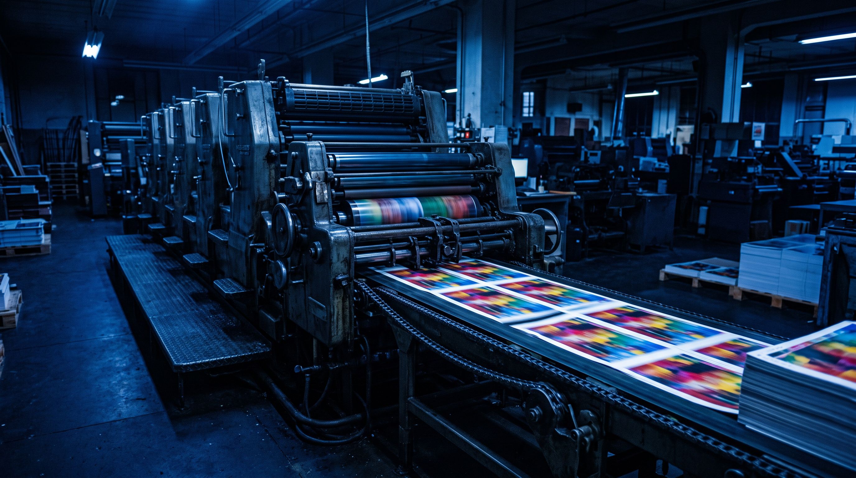 A commercial printing press bathed in deep royal blue light