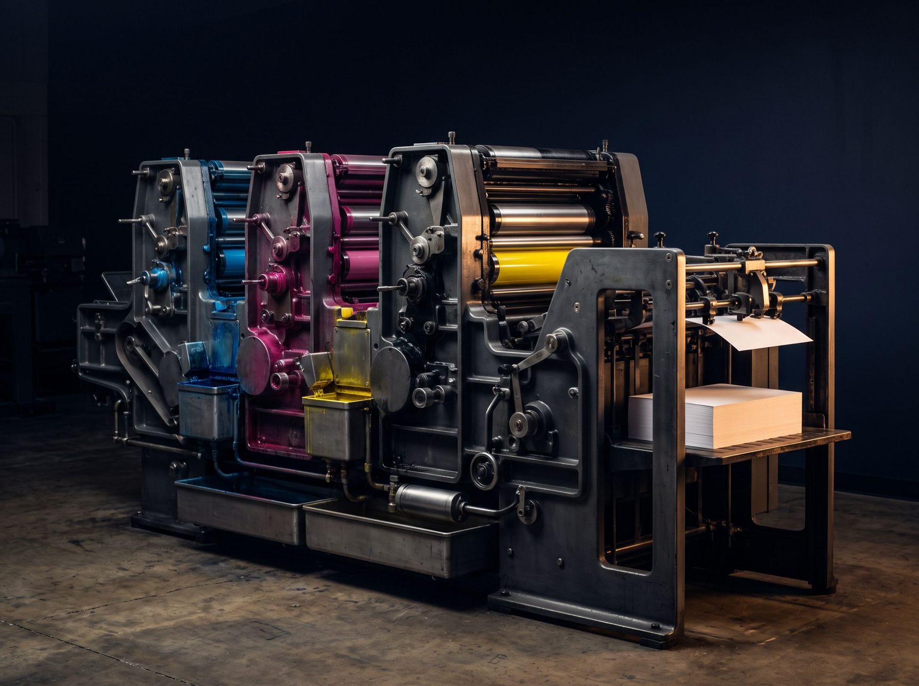 A four-color offset press in studio light. Stand-in until we photograph the GTO at 434 W Main.