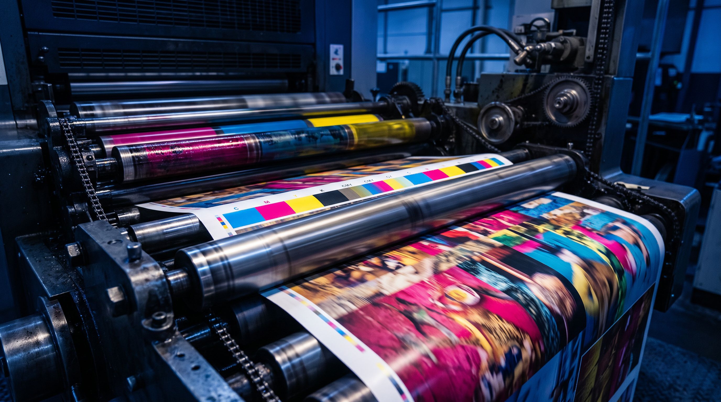 A vivid CMYK sheet coming off a running press at Mansfield Printing