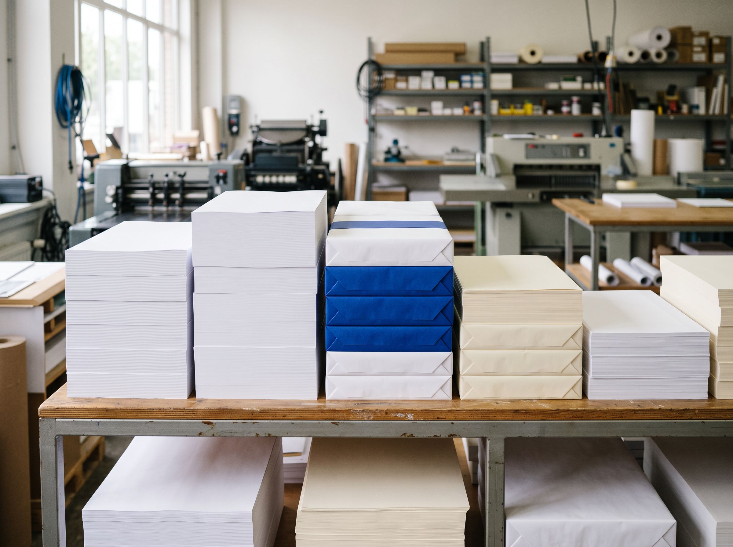 Stacked reams of bright printing paper and cardstock in the print shop