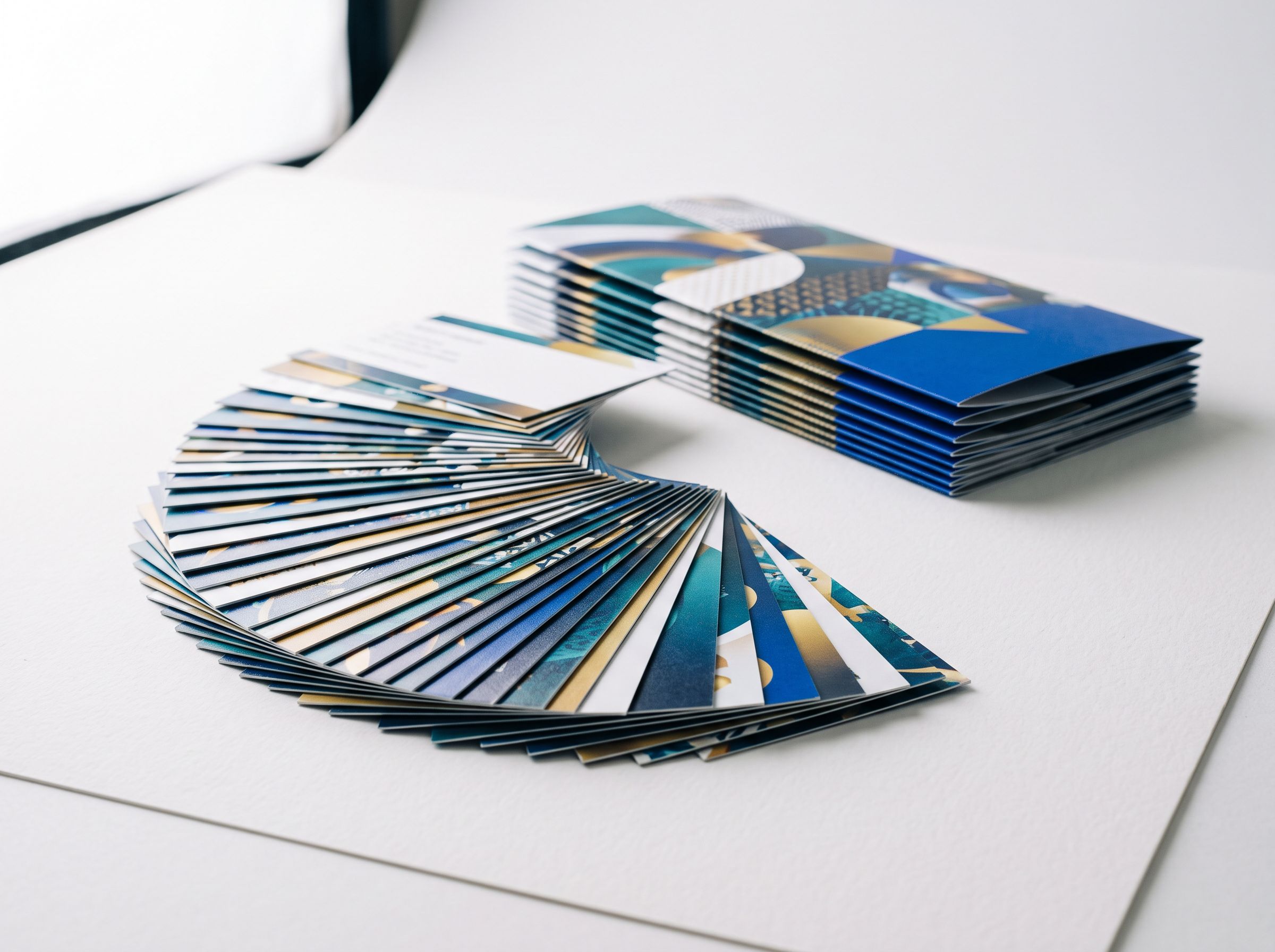 A fanned stack of freshly printed full-color business cards and brochures