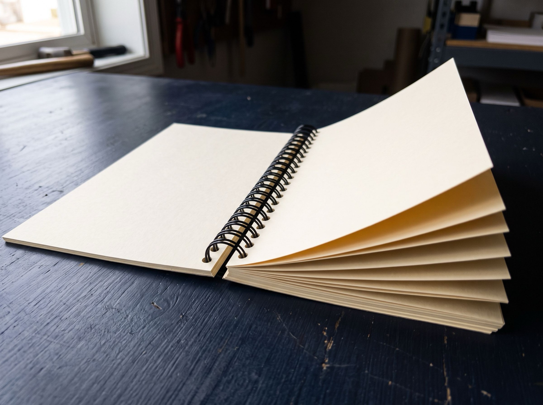 A spiral-bound booklet. Studio still.